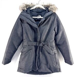 The North Face Womens Gray Goose Down Belted Faux Fur Hood Winter Coat Parka M